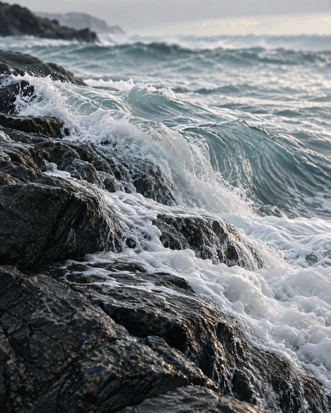 Waves breaking over dark coastal stone